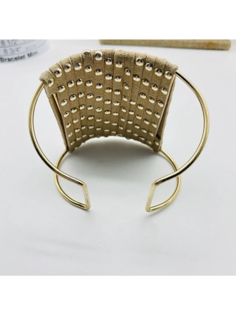 Wide Studded Cuff Bracelet Tan Faux Suede Gold Tone Boho Statement